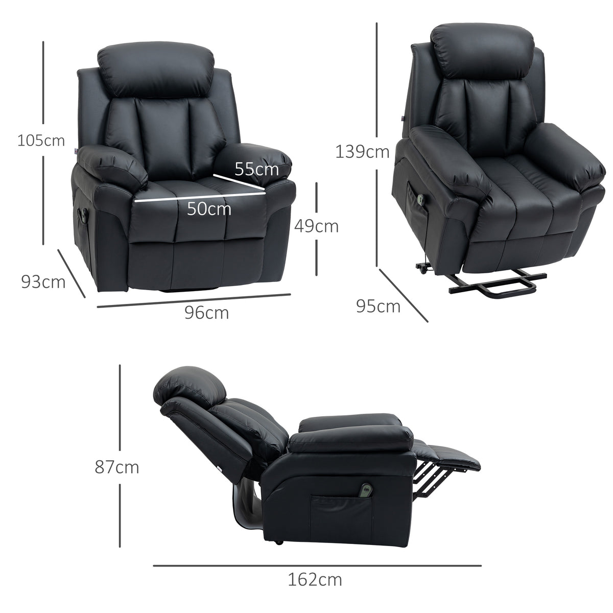 Fauteuil de Relaxation électrique Fauteuil releveur inclinable avec Repose-Pied Ajustable revêtement synthétique Noir-2