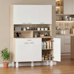 Buffet haut cuisine, armoire de cuisine, 6 portes, tiroir et étagères ouvertes, 120x40x175cm, blanc et bois naturel-7