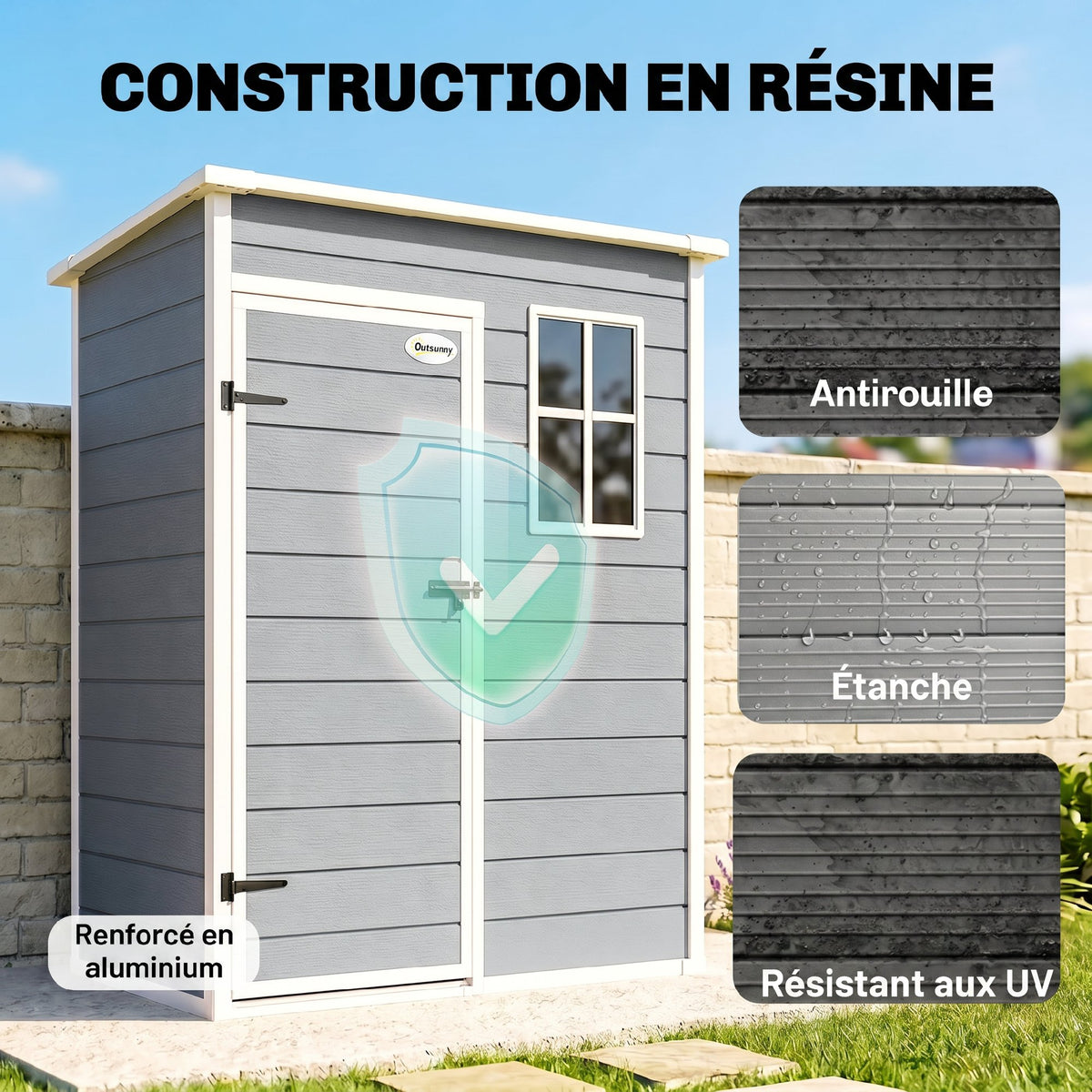 Abri de jardin 1,14 m² pour outils - porte verrouillable, aération et fenêtre - dim. 151L x 92l x 193H cm - plastique, gris-3