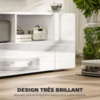 Meuble TV, banc TV, meuble de télévision, jusqu'à 60 pouces, avec lumières LED, 2 étagères et placards, panneau de porte brillant, 137 x 35 x 42 cm, blanc-3