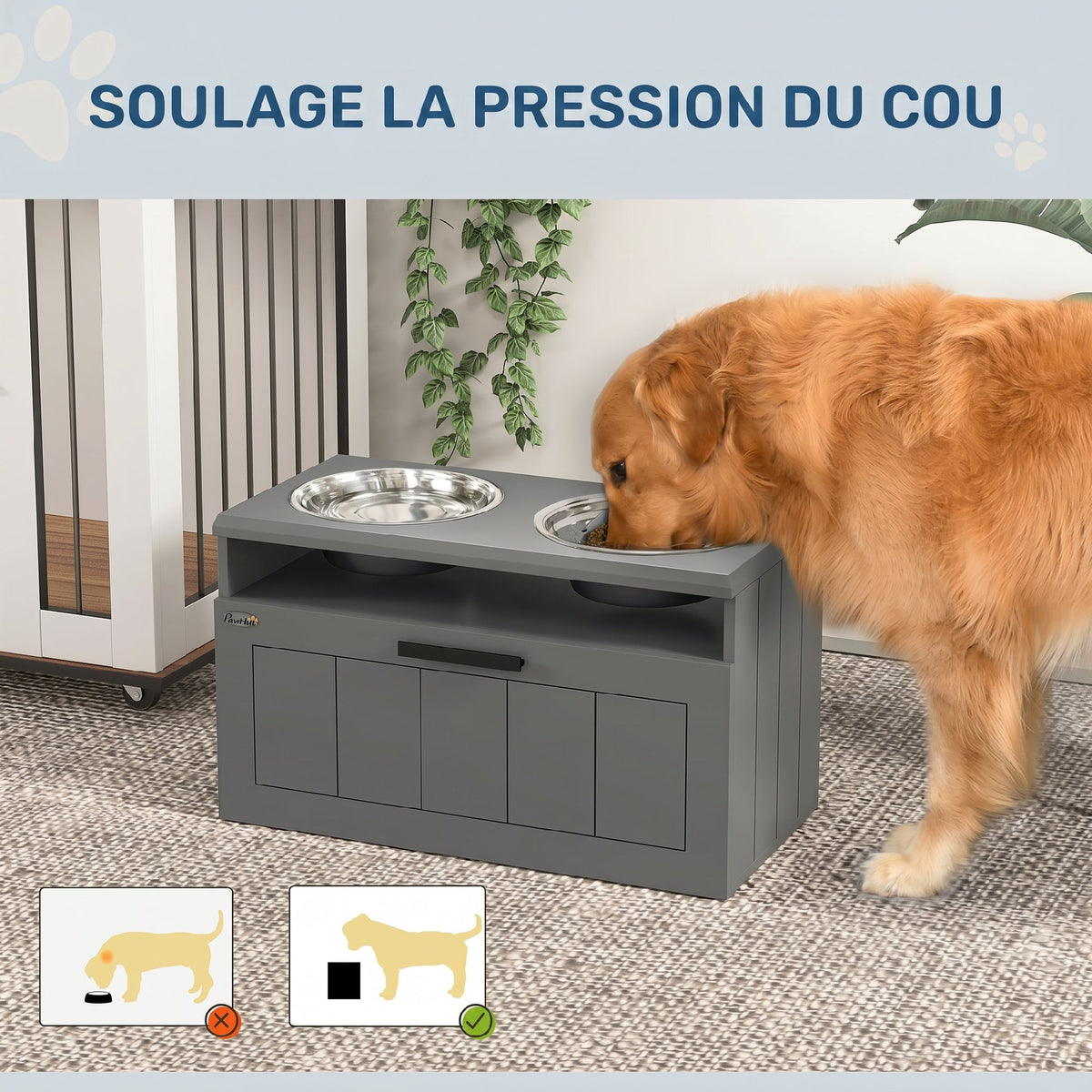Gamelle Chien Surélevée avec Bols Anti-Glouton & Eau en Acier Inoxydable, Tiroir de Rangement, 60x30x35cm, Gris-4