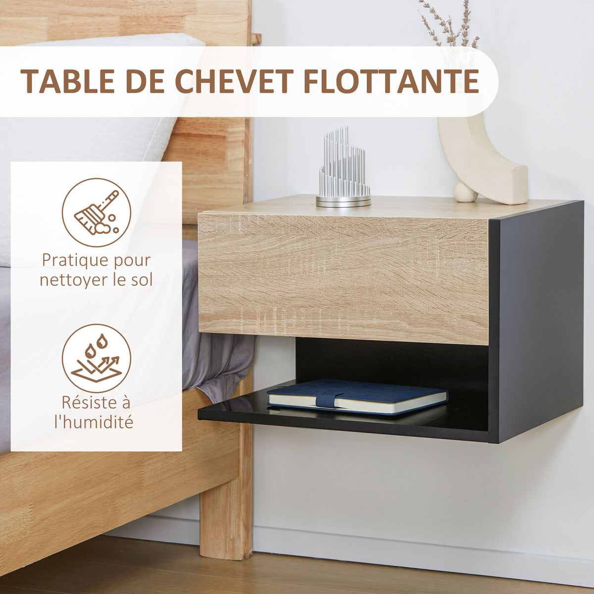 Lot de 2 Tables de Chevet murales - Lot de 2 Tables de Nuit - tiroir Coulissant, étagère, Bicolore Aspect chêne Noir-3