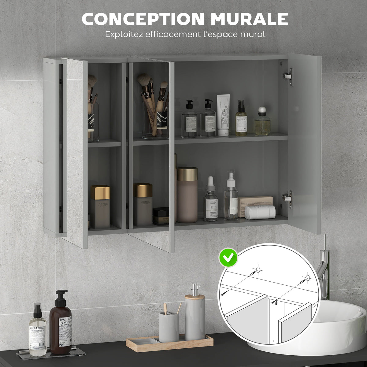 Armoire murale de salle de bain avec 3 portes miroir et étagères réglables en MDF Gris dim. 90L x 15l x 60H cm-3