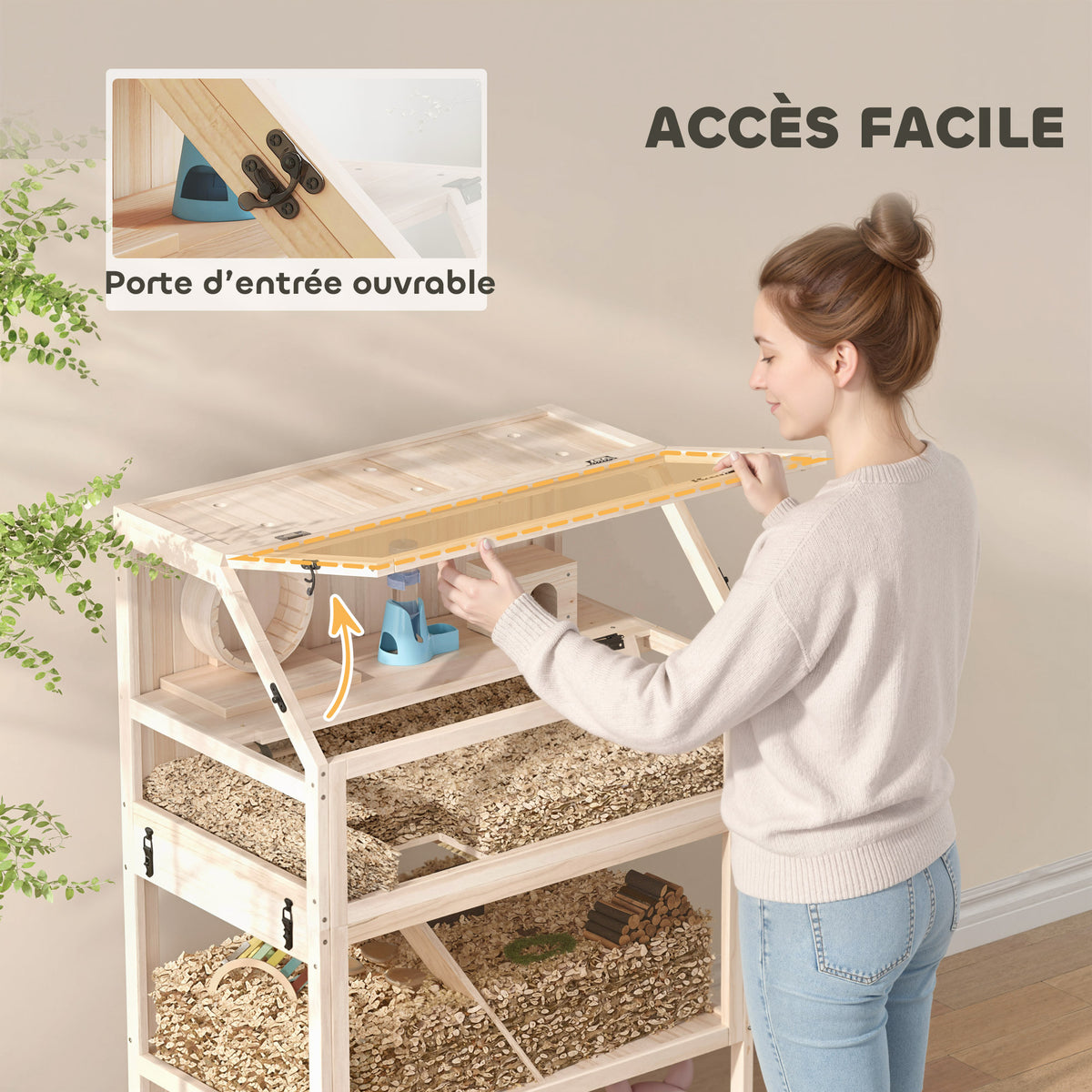Cage pour hamster habitat pour rongeur 3 étages avec panneau acrylique et roue 80x53x117cm effet bois naturel-8