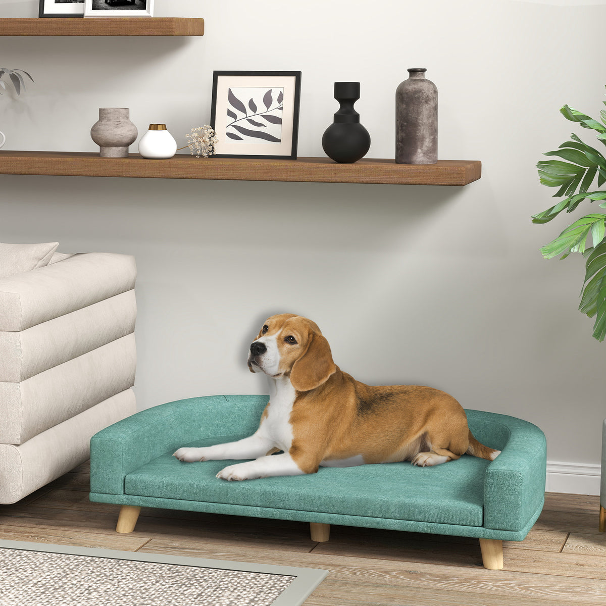 Canapé pour chien grand lit surélevé pour chien coussin lavable cadre en bois tissu polyester 98 x 67 x 25 cm vert clair-1