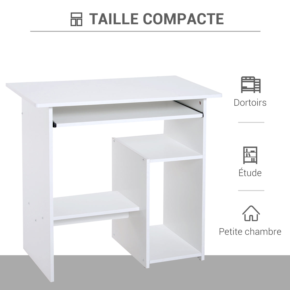 Bureau d'ordinateur, bureau avec rangement, plateau pour clavier et support de moniteur, 80 x 45 x 75 cm, blanc-4