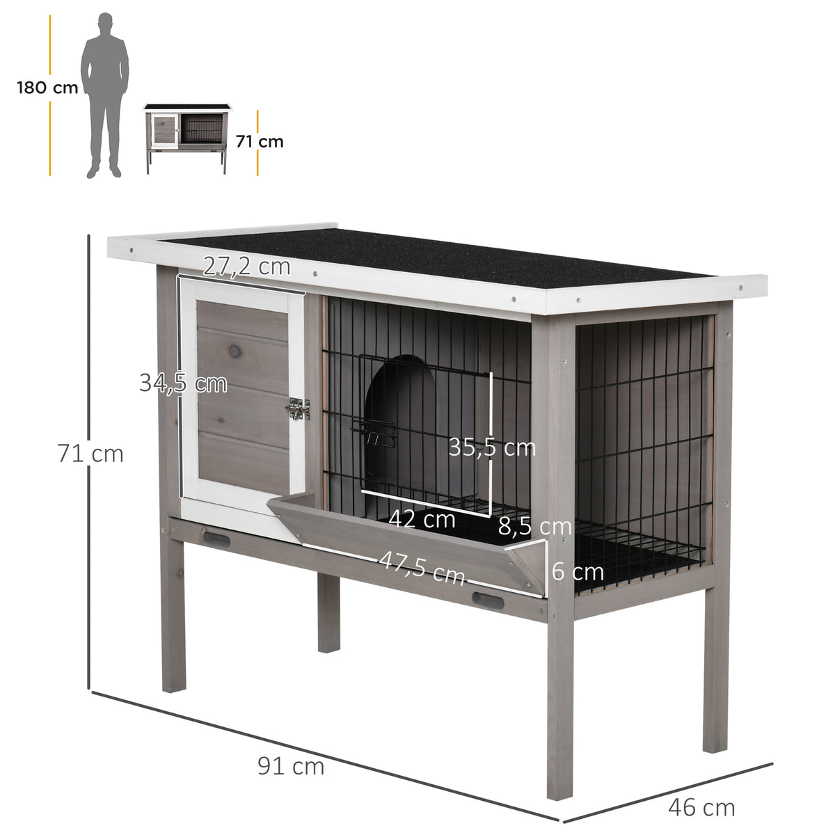 Clapier en bois pour lapin avec toit en asphalte mangeoire plateau amovible et 2 portes 91 x 46 x 71 cm gris-2