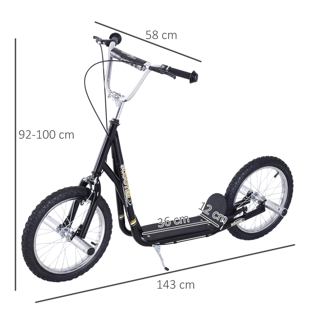 Trottinette patinette Grandes Roues pneumatiques Ø 41 cm Hauteur Guidon réglable béquille pegs Inclus Acier Noir-2