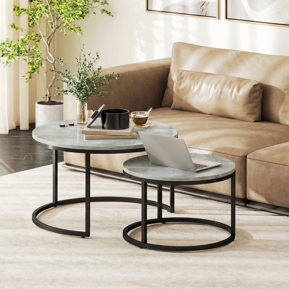Lot de 2 tables basses gigognes empilable design industriel pieds en métal gris-9