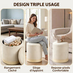 Pouf coffre rangement, tabouret rond en chenille, pouf repose-pieds avec base en métal effet bois, beige-3