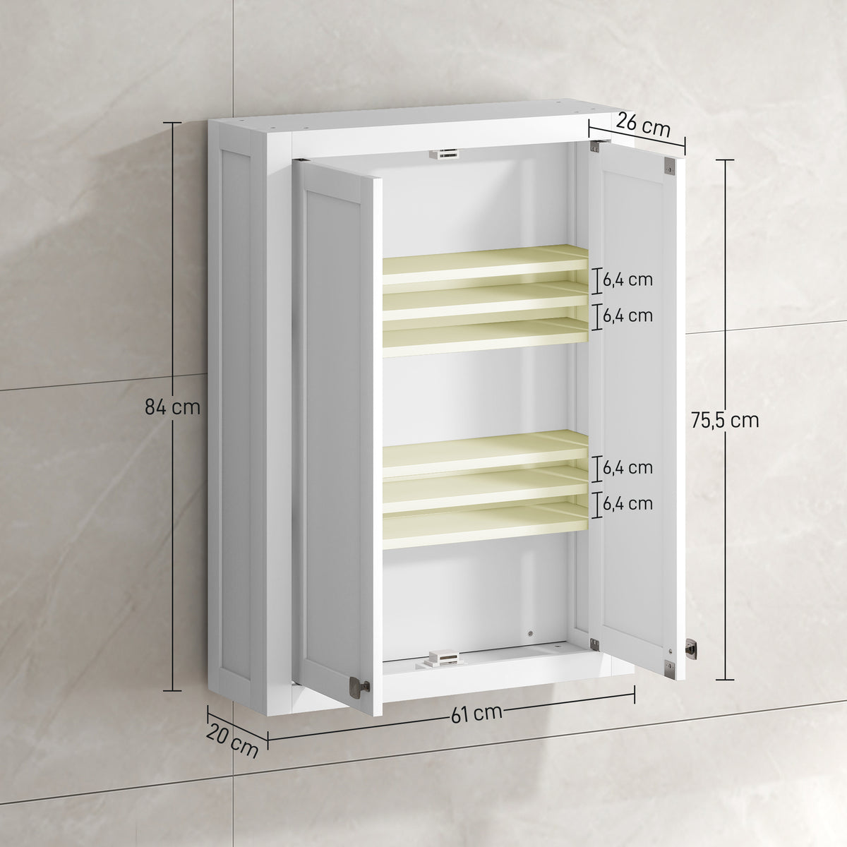 Armoire murale de salle de bain 3 niveaux, meuble de rangement suspendu 2 portes étagère réglable 61 x 20 x 84 cm blanc-2
