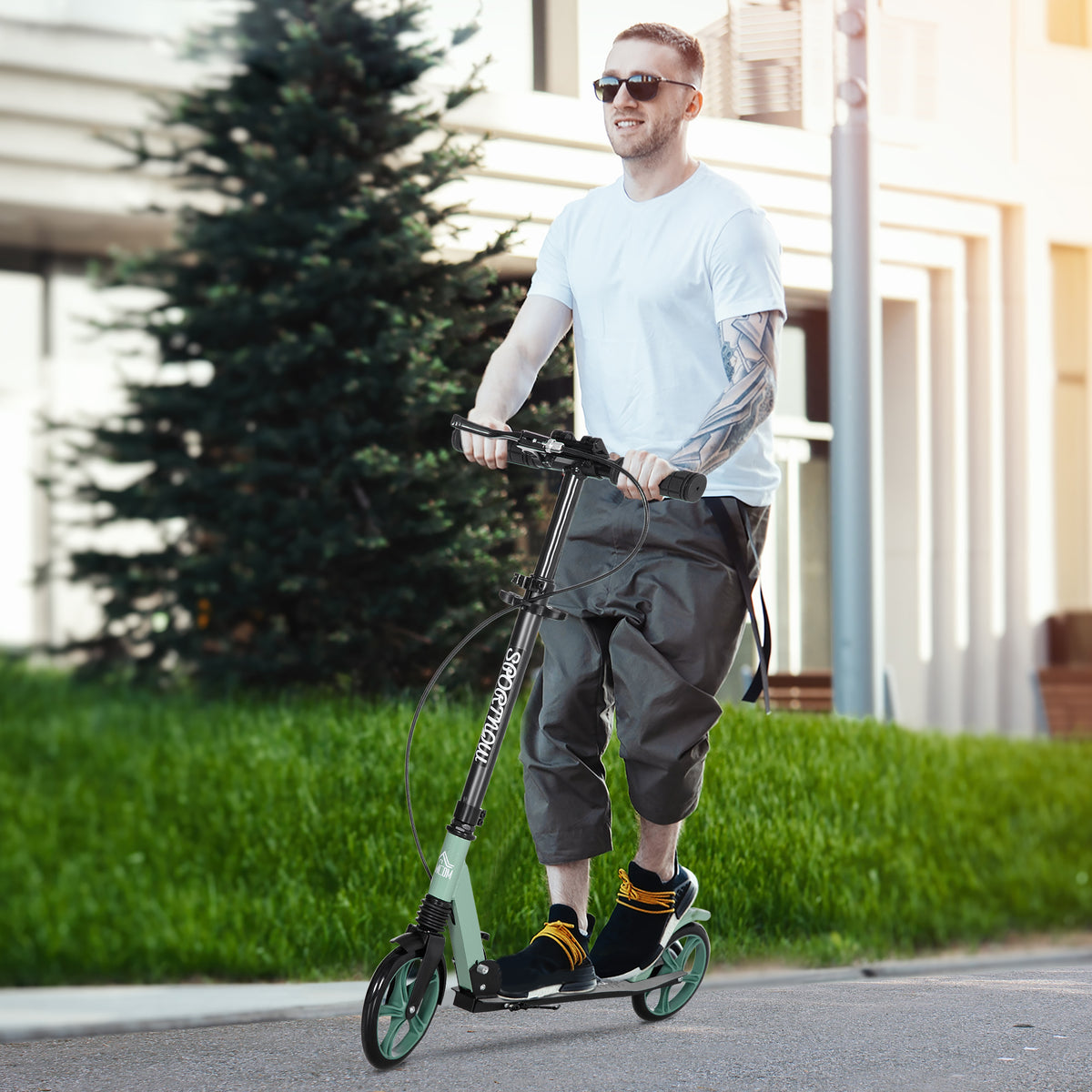 Trottinette pliable pour adultes +14 ans avec guidon réglable grandes roues de 20 cm amortisseur vert-1