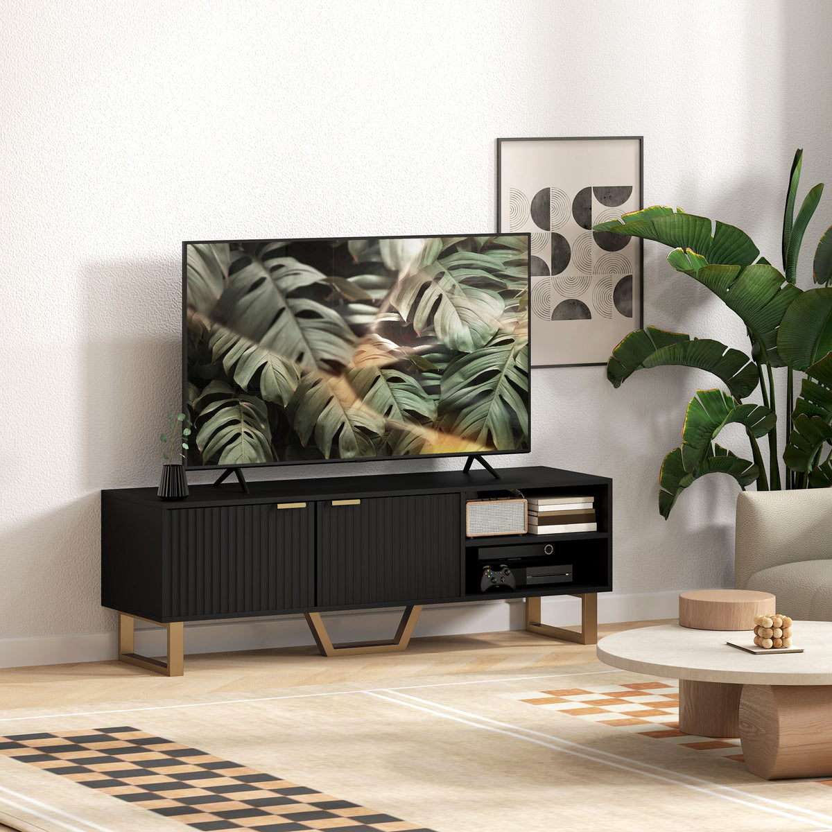 Meuble TV banc TV pour téléviseur jusqu'à 70 pouces - placard à 2 portes cannelées, compartiment ouvert et passe-câbles-7