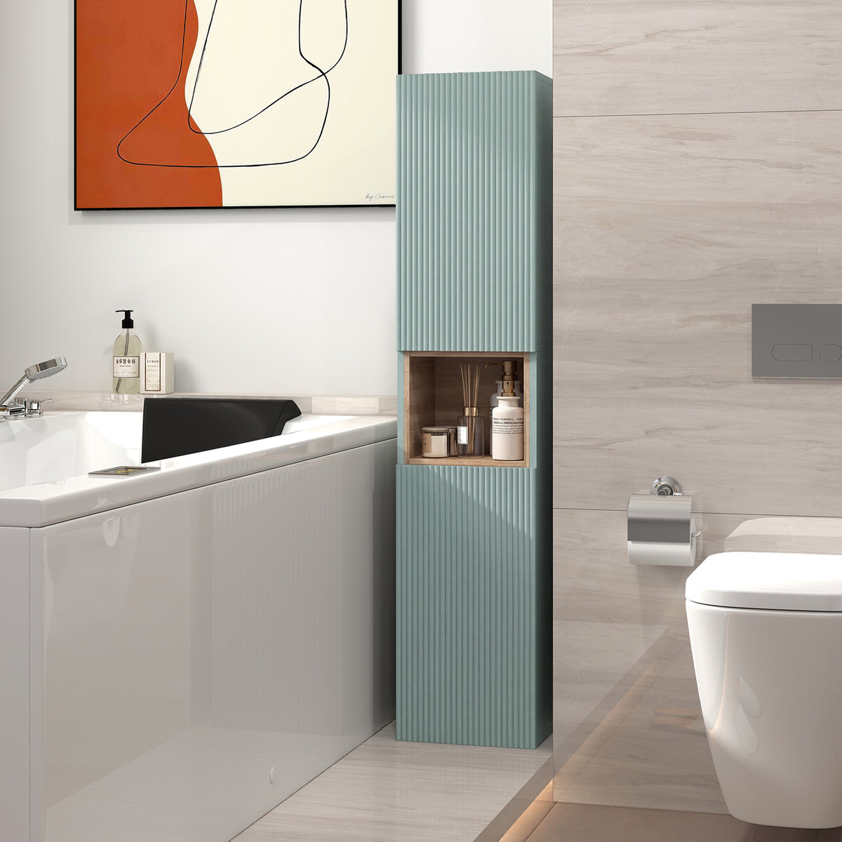 Meuble colonne salle de bain, meuble de rangement, 2 portes, compartiment et étagères réglables, 30x24x140cm, vert-7