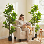 Lot de 2 plantes artificielles intérieures 150 cm, fausse plante à figuier lyre avec pot en ciment, vert-5