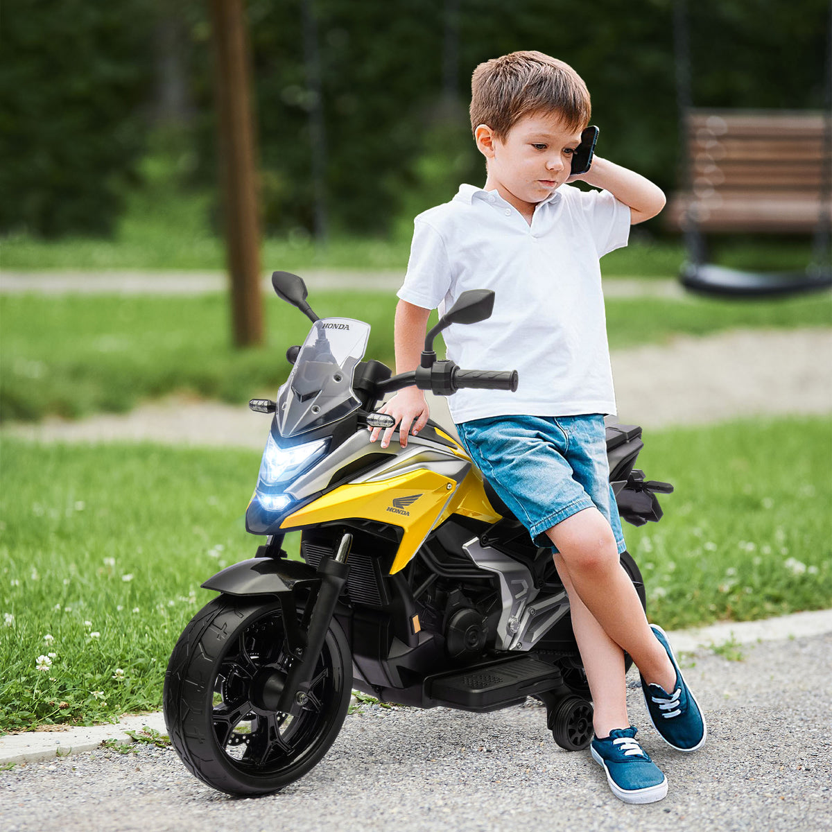 Moto électrique pour enfants moto porteur Honda pour enfants 3 à 6 ans avec musique, phares jaune-1