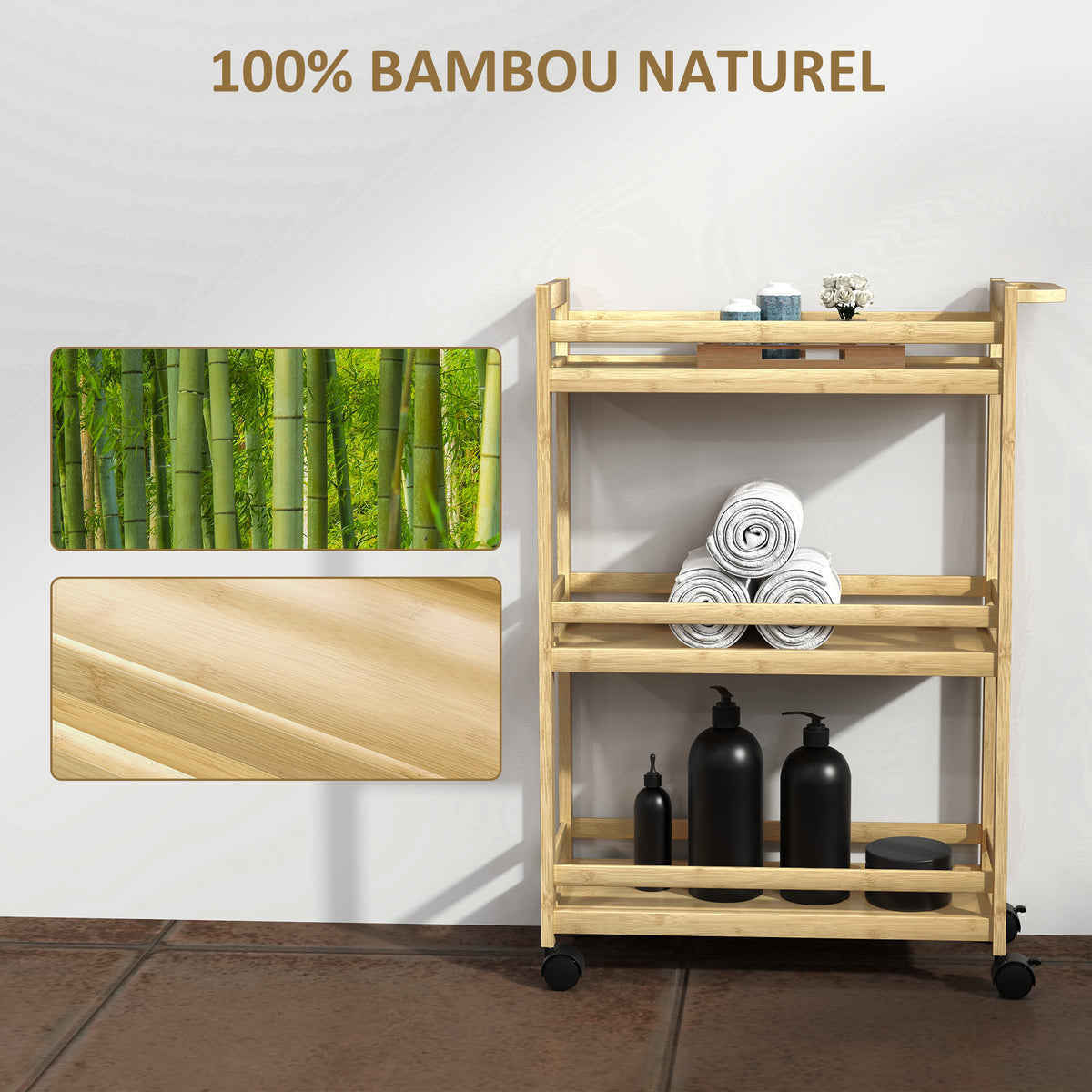 Étagère de rangement de salle de bain en bambou à 3 niveaux avec roulettes pour cuisine, salle de bain, salon - naturel-5