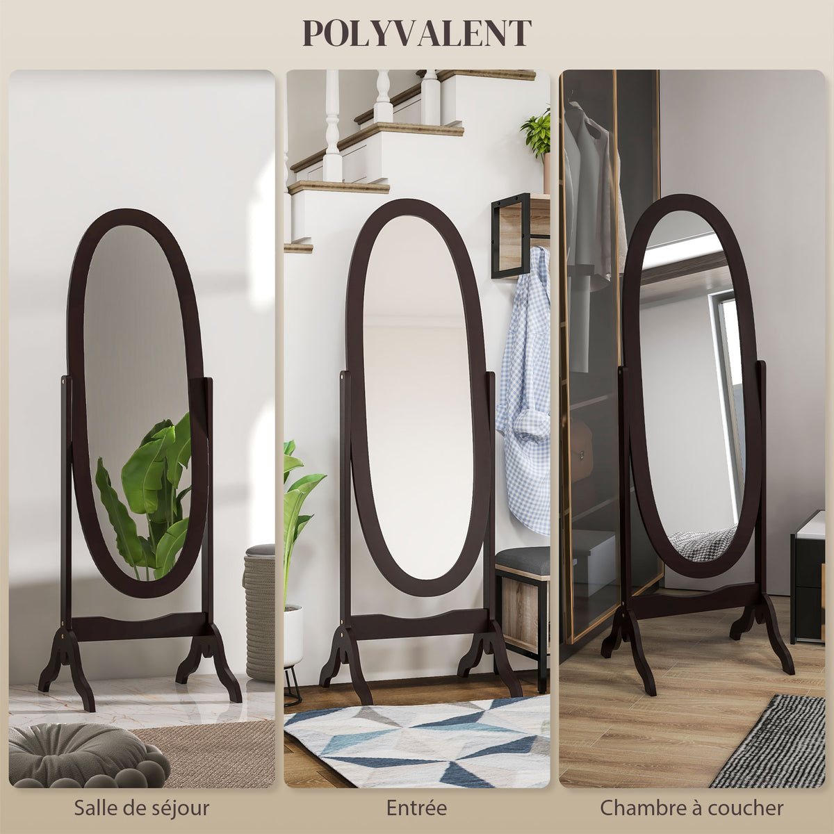Miroir à pied ovale style shabby chic inclinaison réglable 48 x 46 x 147 cm mdf café-4