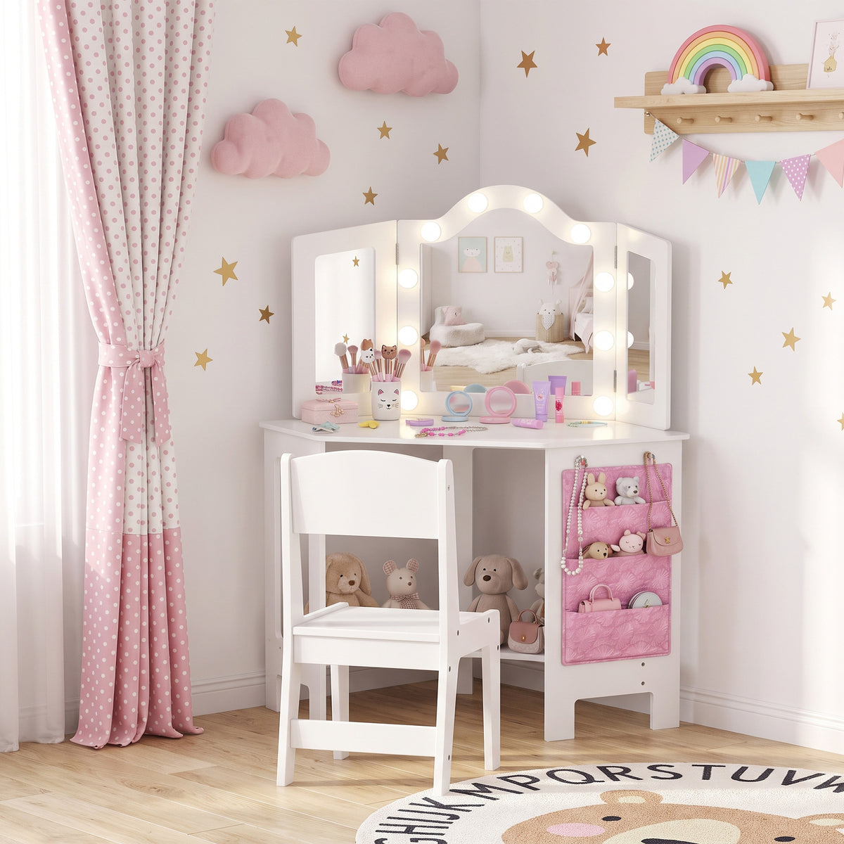 Coiffeuse enfant 2 en 1 avec tabouret miroir triptyque et lumières LED bicolores 93,6 x 48,5 x 111,5 cm blanc-9