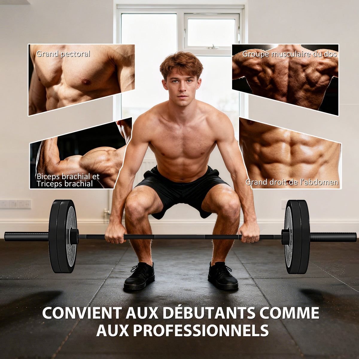 Barre Olympique de 50 mm en Acier Finition Mate avec Prise Moletée et Manchons Longs, Charge 200 kg, Ø5 x 180 cm, Noir-6
