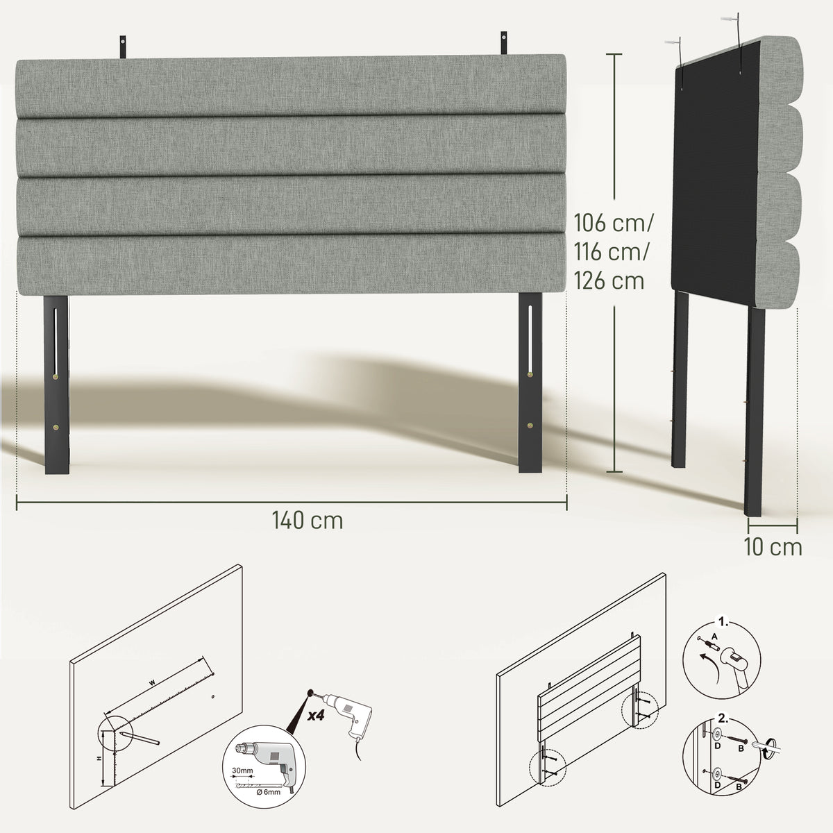 Tête de Lit Capitonnée, Hauteur Ajustable en 3 Niveaux avec Pieds en Métal pour Chambre, 140 x 10 x 106/116/126 cm, Gris-2