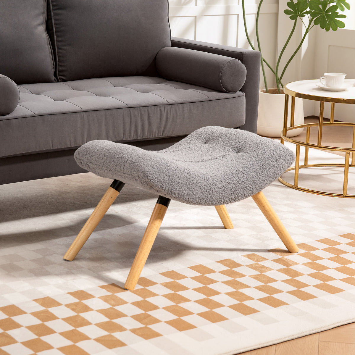 Repose pied salon ottoman pouf salon tabouret de canapé en tissu avec pieds en bois d'hévéa, siège rembourré, gris-1