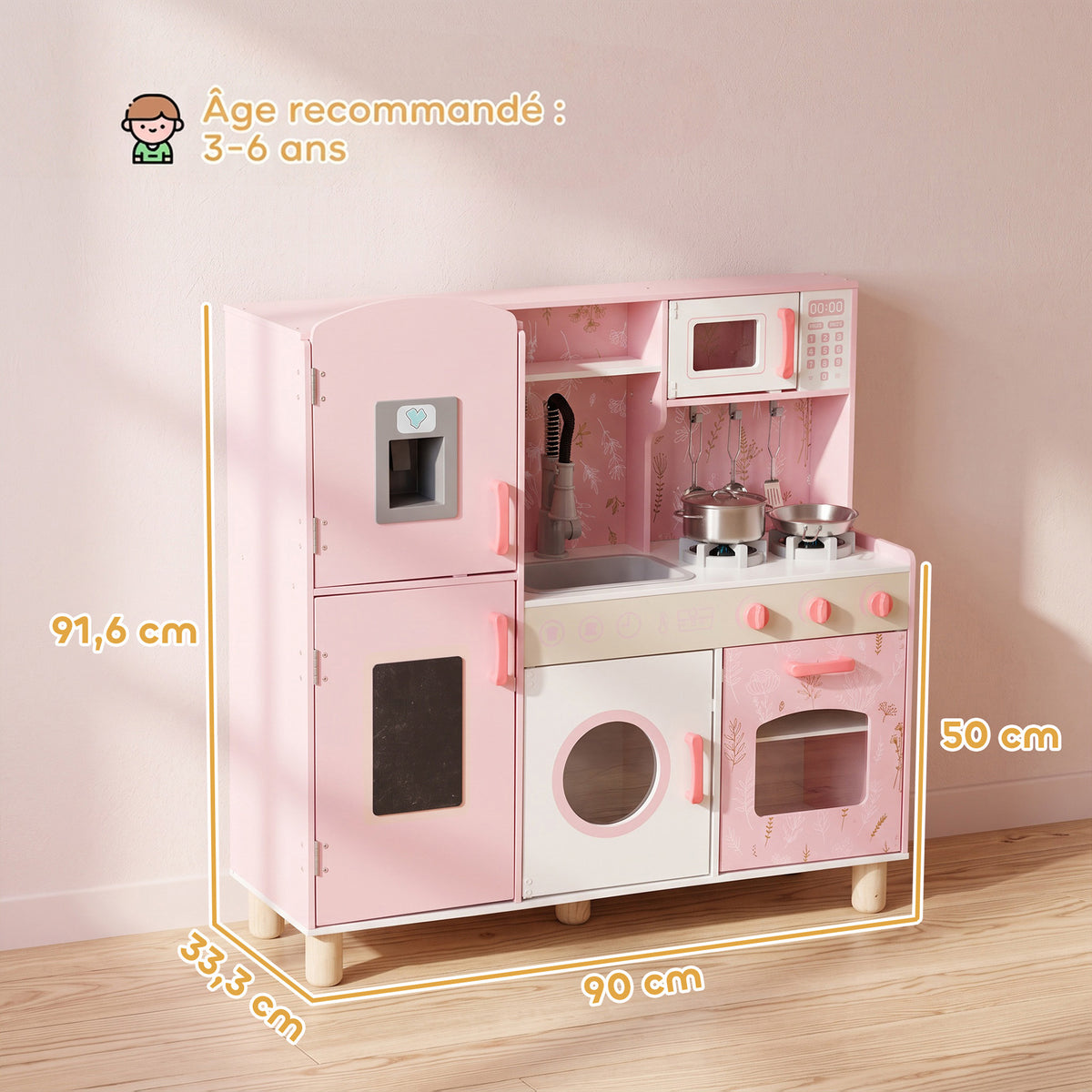 Cuisine Enfant avec Glaçons, Micro-ondes, Four, Plaque, Évier, Machine à Laver, Tableau, 90x 33,3x91,6cm, Rose-2