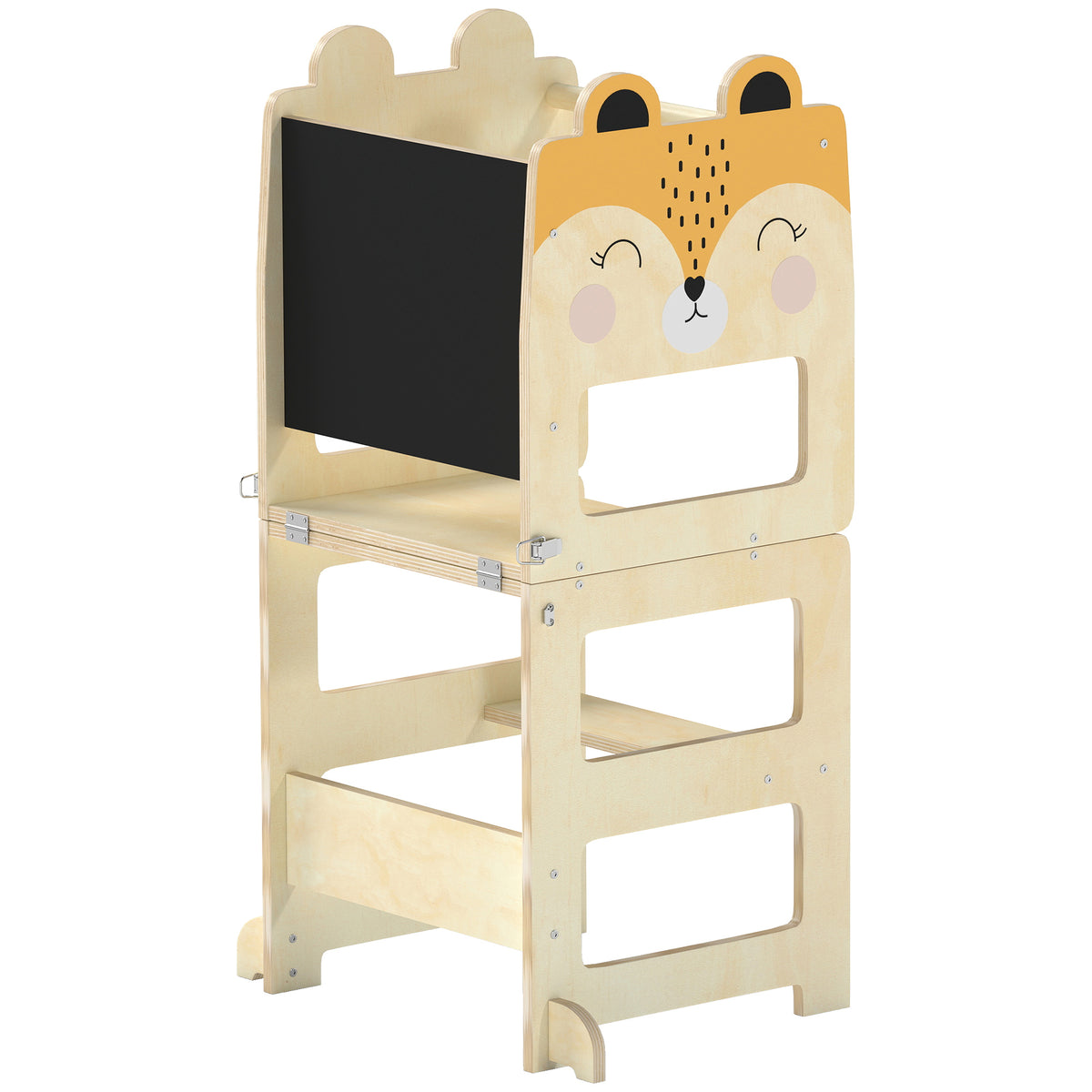 Tour d'Apprentissage Enfant 3 en 1, Tour d'Observation Enfant Pliable avec Tableau Noir, Motif Renard, Naturel-0