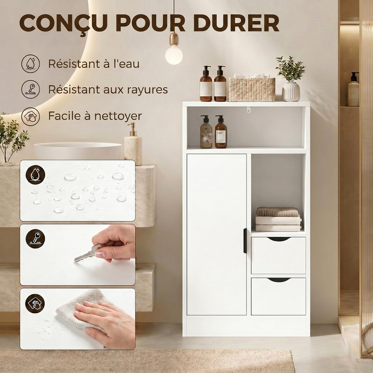 Meuble de salle de bain, meuble de rangement étroit avec 2 tiroirs, compartiments ouverts, 50x25x100cm, blanc-6