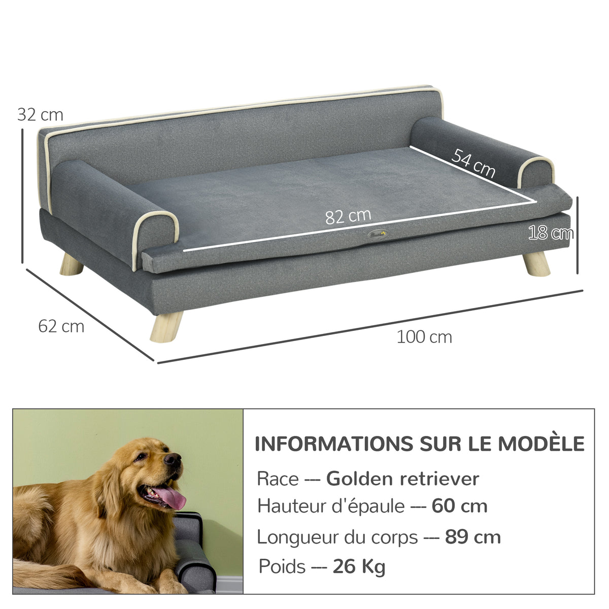 Canapé pour chien chat design scandinave coussin moelleux amovible pieds bois massif 100 x 62 x 32 cm gris-2