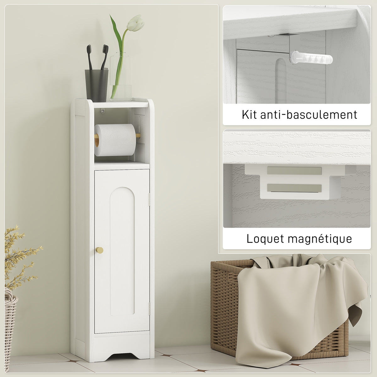 Meuble salle de bain meuble toilettes WC rangement étroit avec étagère réglable gain de place pour petits espaces blanc-7