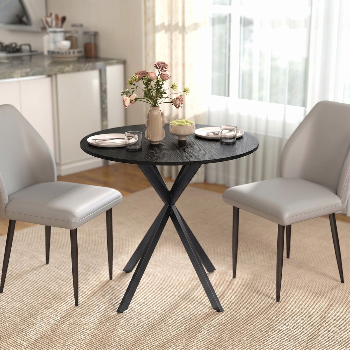 Table à Manger Ronde pour 2 Personnes avec Plateau Aspect Bois et Piètement Croisé en Acier, Noir-8