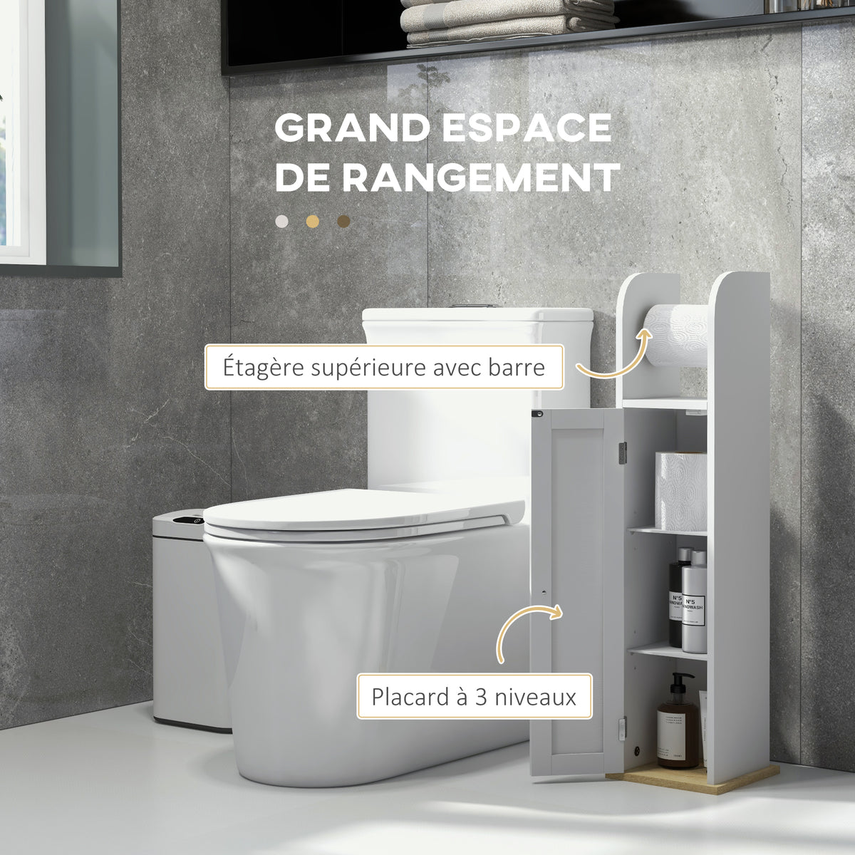 Meuble de salle de bain support papier toilette avec placard et étagères réglables 20 x 20 x 80 cm blanc-3