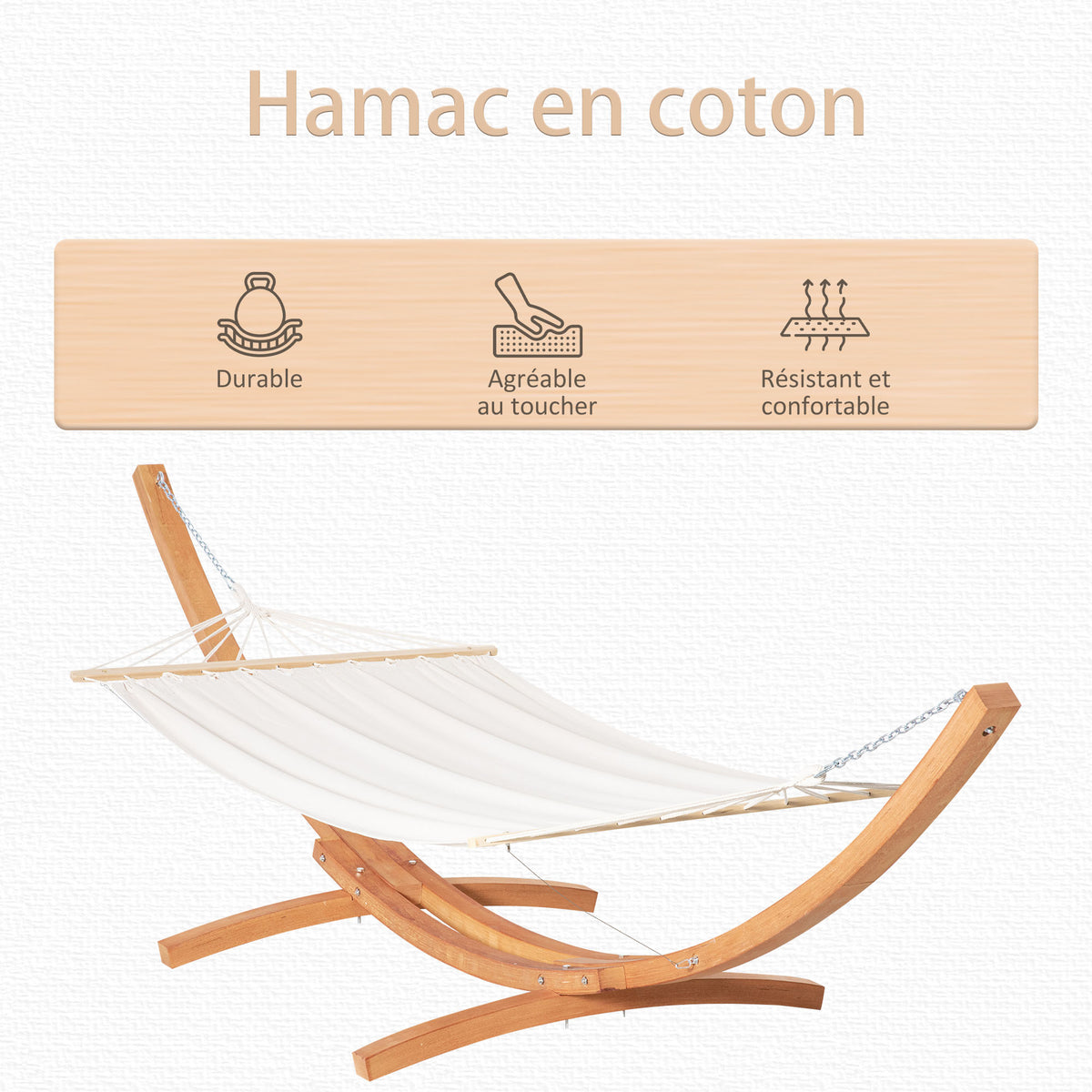 Hamac de jardin avec support en bois hamac sur pied 1 personne 3,92L x 1,2l x 1,1H m coloris crème marron-3