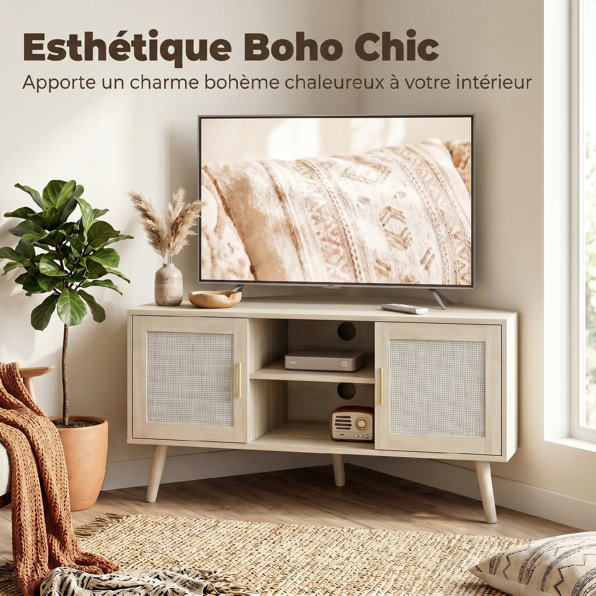 Meuble TV d'Angle 115 cm, Meuble Télé pour Téléviseur jusqu'à 65 Pouces, 2 Portes en Rotin 2 Compartiments, Chêne-4
