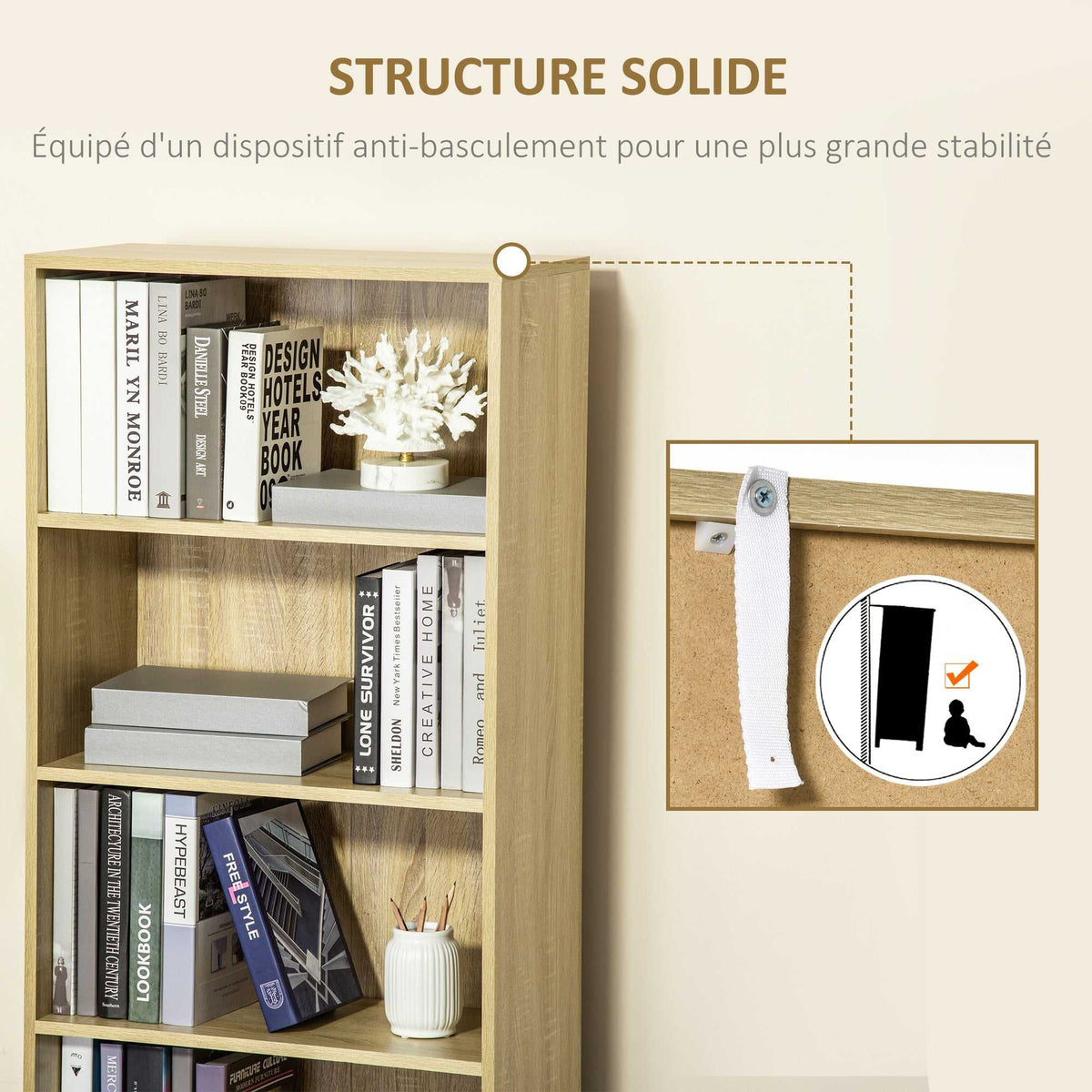 Bibliothèque Armoire à livres avec 4 compartiments ouverts et 2 portes pour le salon et le bureau 59x29x180 cm Bois naturel-4