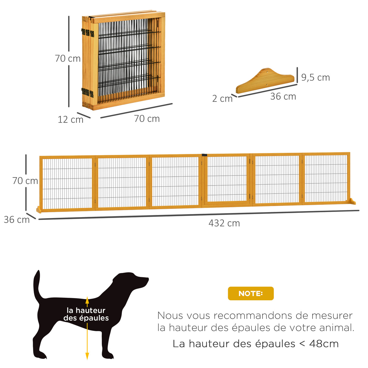 Lot de 2 barrières de sécurité chien barrière modulable pliable 6 panneaux 2 pieds support bois de pin jaune-2