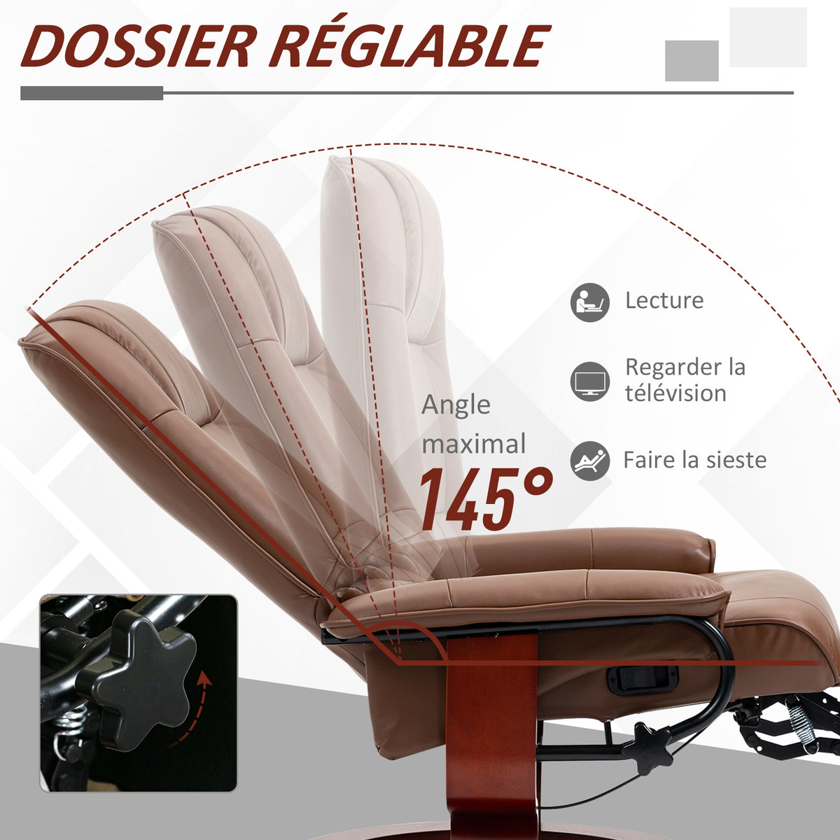 Fauteuil relax inclinable repose-pieds réglable pivotant 360° piètement bois revêtement PU respirant et doux marron-3