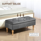 Banc coffre de rangement 2 en 1 banquette en velours avec couvercle à charnière capitonné et pieds en bois, gris foncé-6