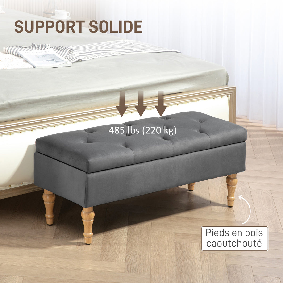 Banc coffre de rangement 2 en 1 banquette en velours avec couvercle à charnière capitonné et pieds en bois, gris foncé-6