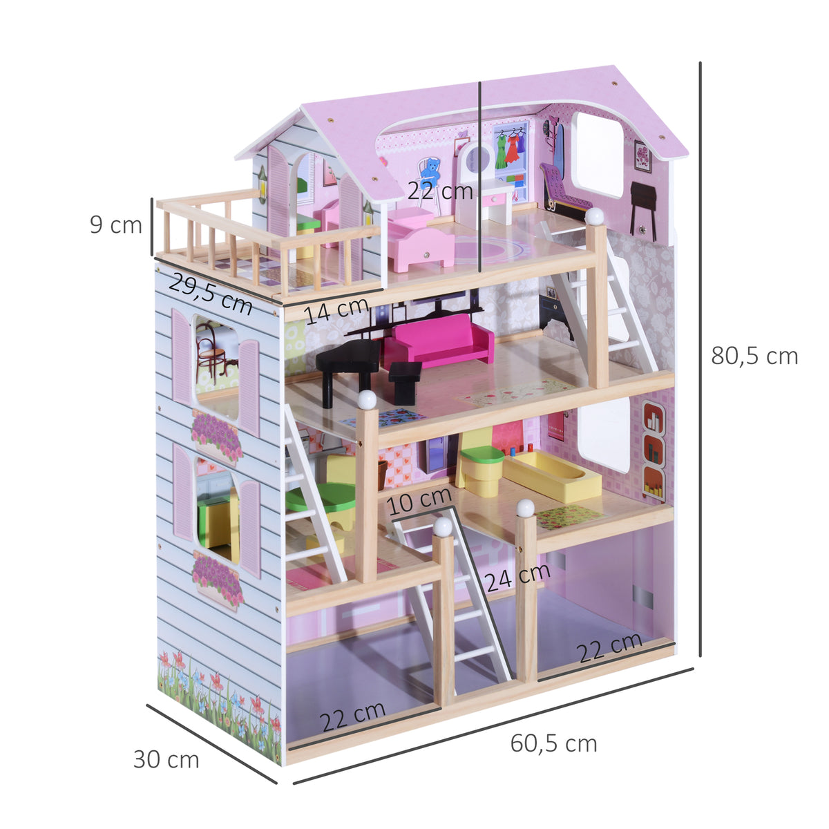 Maison de poupée en Bois Jeu d'imitation 4 Étages pour 3+ ans avec 13 Accessoires Grand réalisme Multi-équipement 60L x 30l x 80H cm Blanc et Rose-2