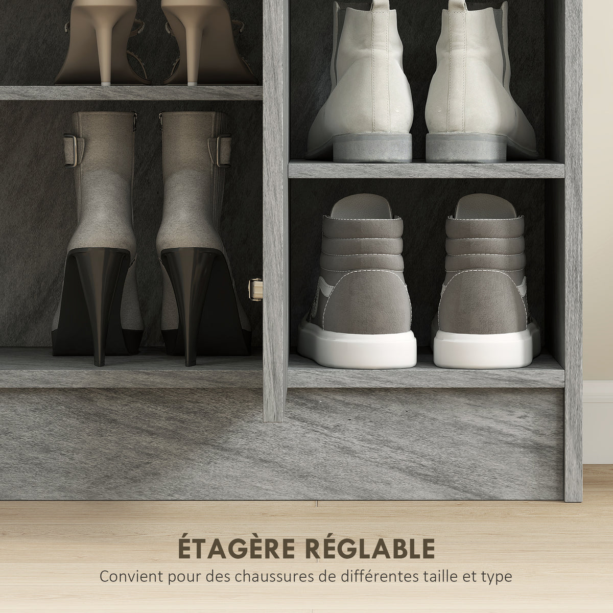 Meuble de rangement à chaussures pour entrée avec 4 compartiments ouverts et placard double porte - étagère réglable-4