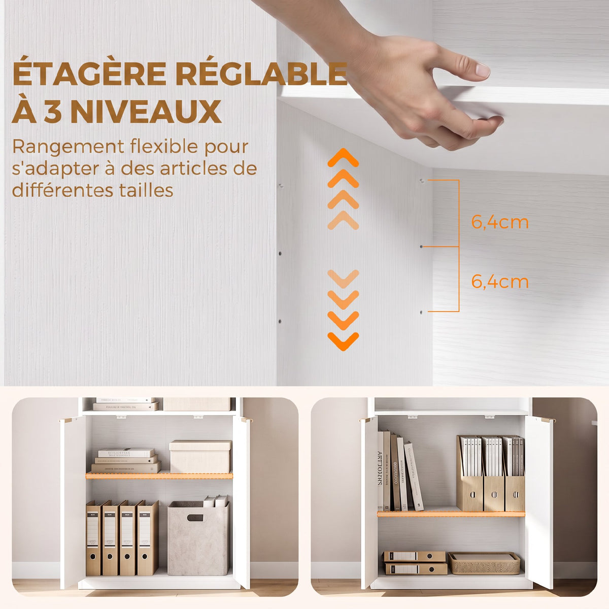 Bibliothèque à 6 Niveaux, Meuble de Rangement, 60 x 24 x 182 cm avec 4 Compartiments Ouverts et 2 Portes, Blanc-5