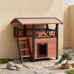 Cabane Chat Extérieur avec Terrasse, Escalier, Toit, Niche Villa, 77 x 50 x 73 cm Marron et Rouge-1