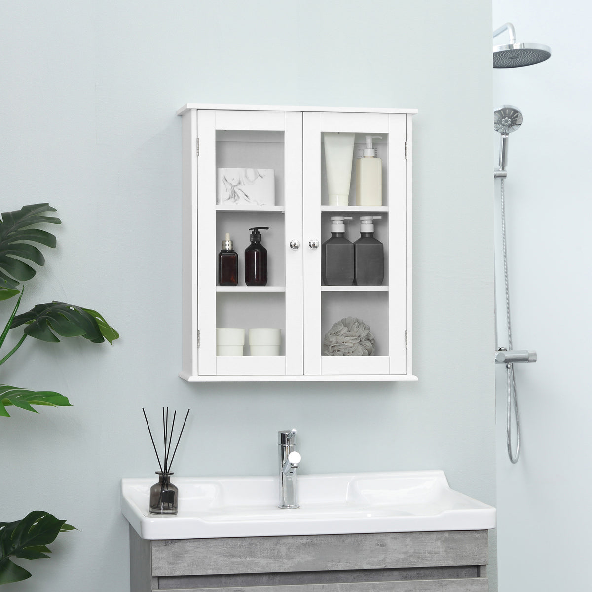 Armoire murale de salle de bain, meuble haut salle de bains avec 2 portes en verre, étagère réglable, 55x20x65cm, blanc-9