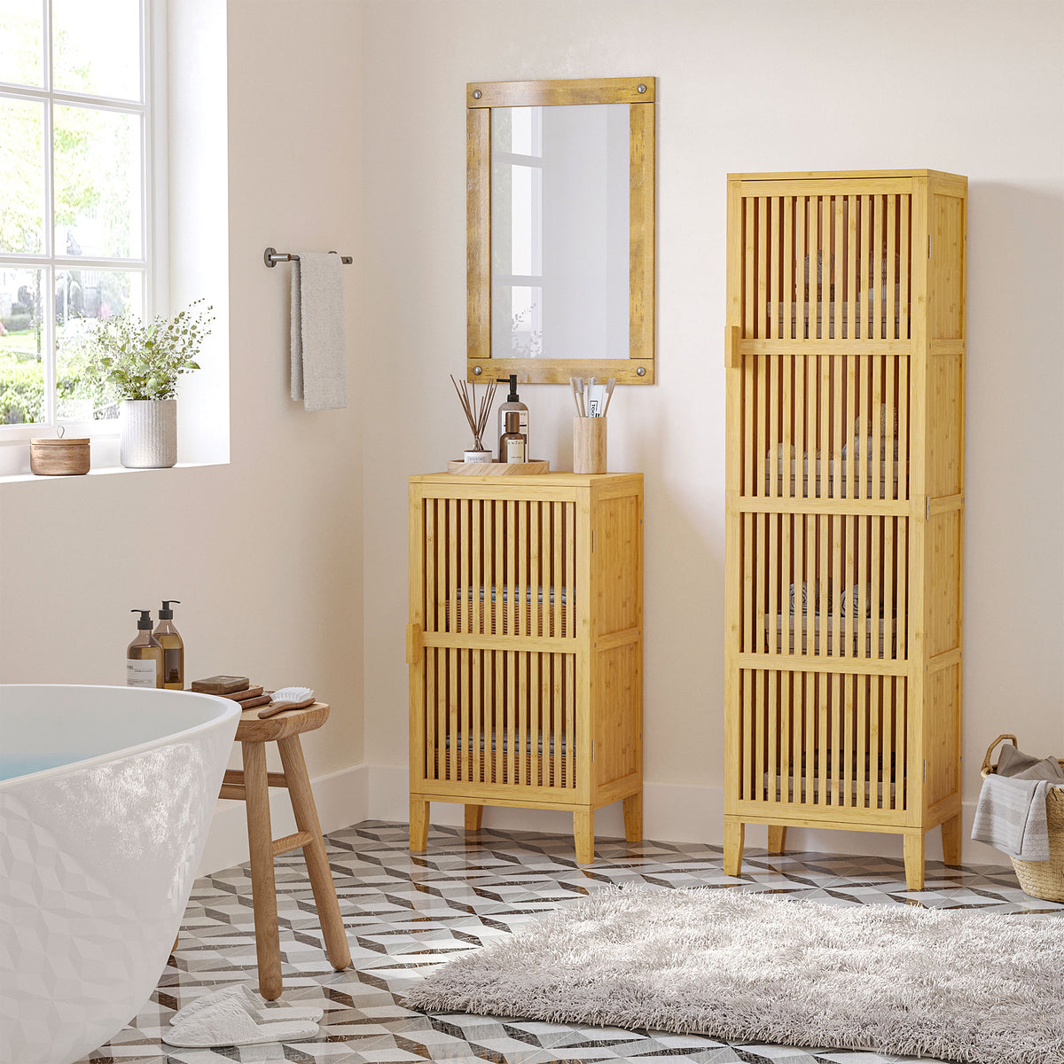 Meuble de rangement en bambou avec étagères et porte design à lamelles pour salle de bain chambre salon 40 x 30 x 140 cm-1