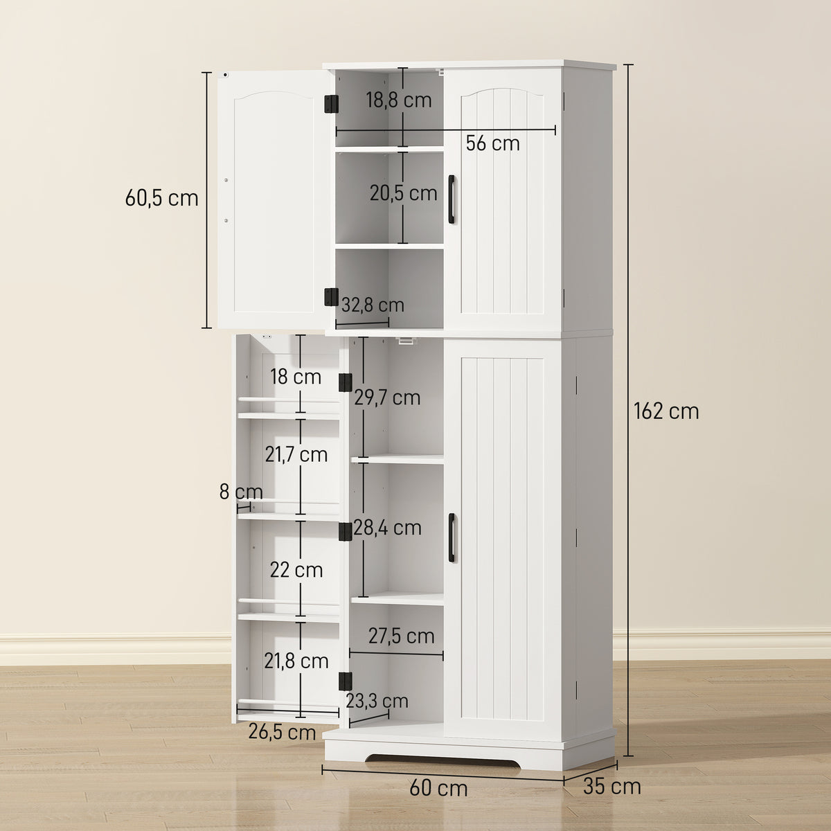 Buffet haut cuisine, armoire de cuisine, 4 portes, 10 niches, 8 porte-épices et étagères réglables, 60x35x162cm, blanc-2