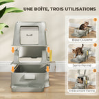 Bac à Litière pour Chat 80L en Inox avec Couvercle Rabattable à 180°, Tiroir Coulissant, Pelle, 63x43x43cm, Gris Clair-6