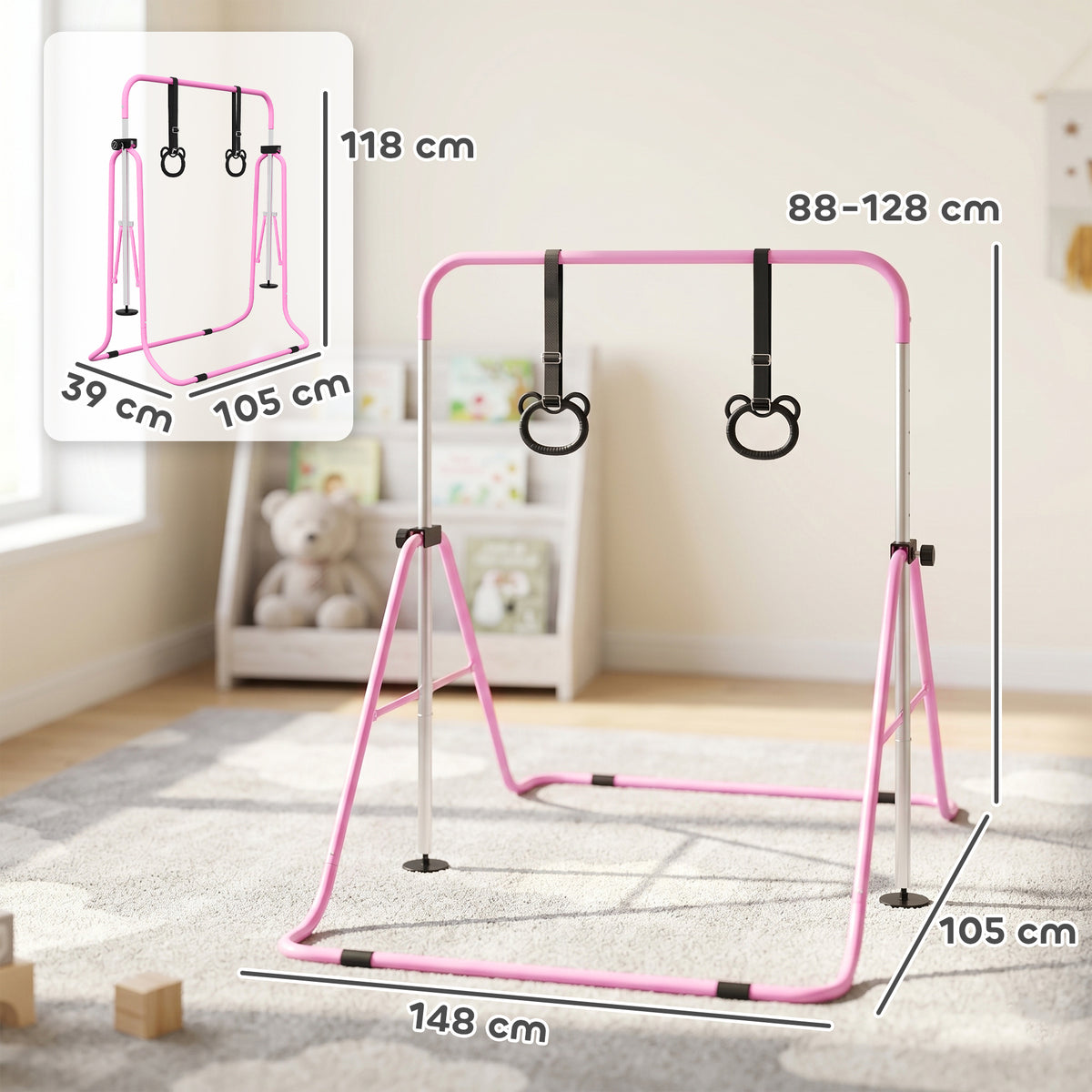 Barre de gymnastique pour enfants, barre horizontale pliable à hauteur réglable avec anneaux de gymnastique, rose-2