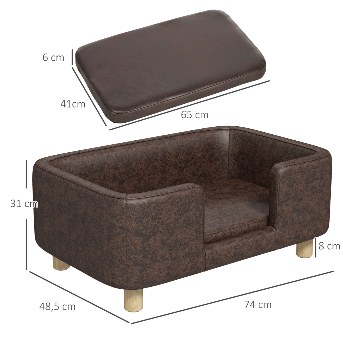 Canapé chien lit pour chien chat avec rebord coussin moelleux pieds bois massif dim. 74 x 48,5 x 31 cm revêtement micro-fibre chocolat-2